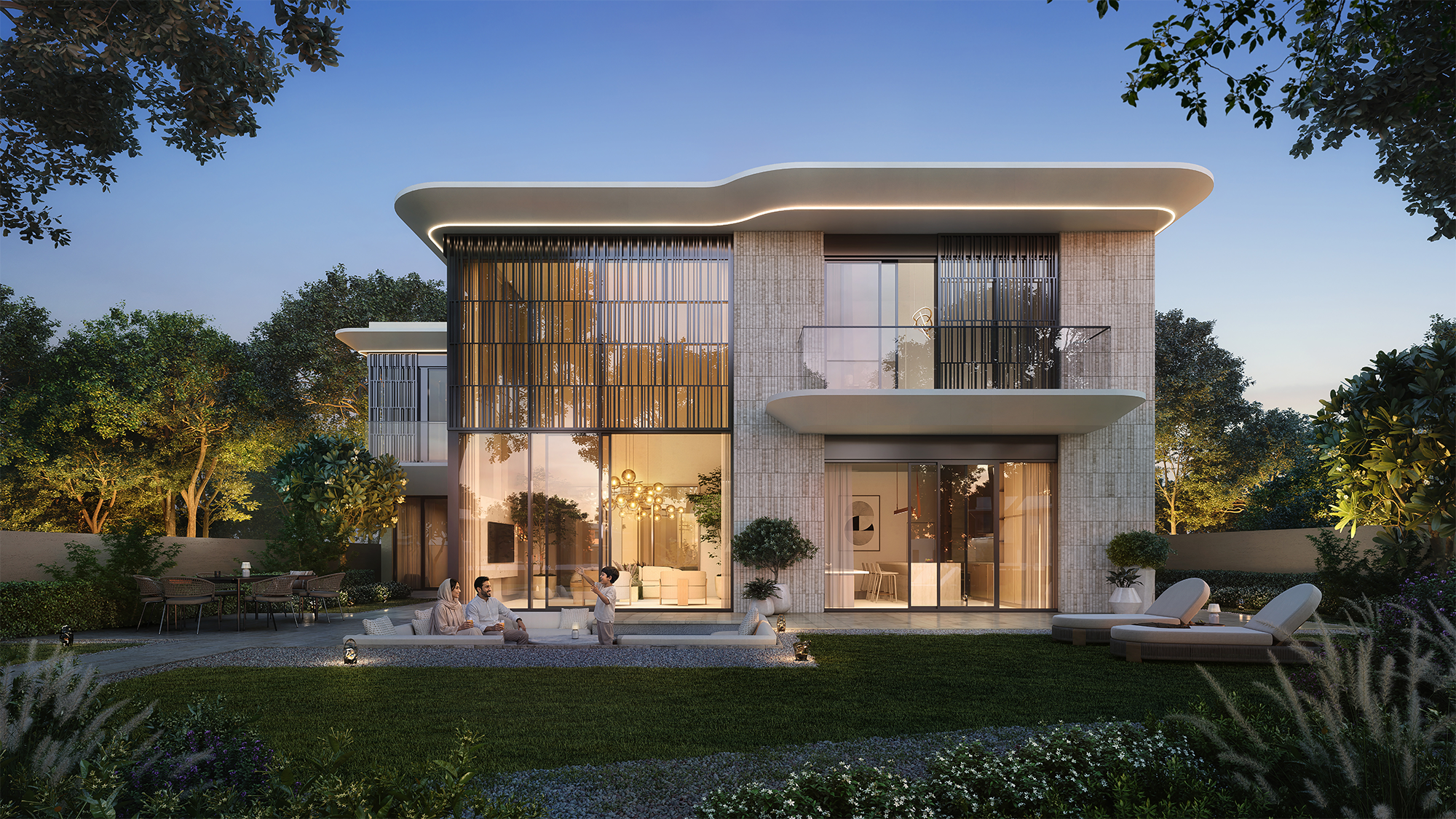 Four-bedroom villa façade in warm evening light